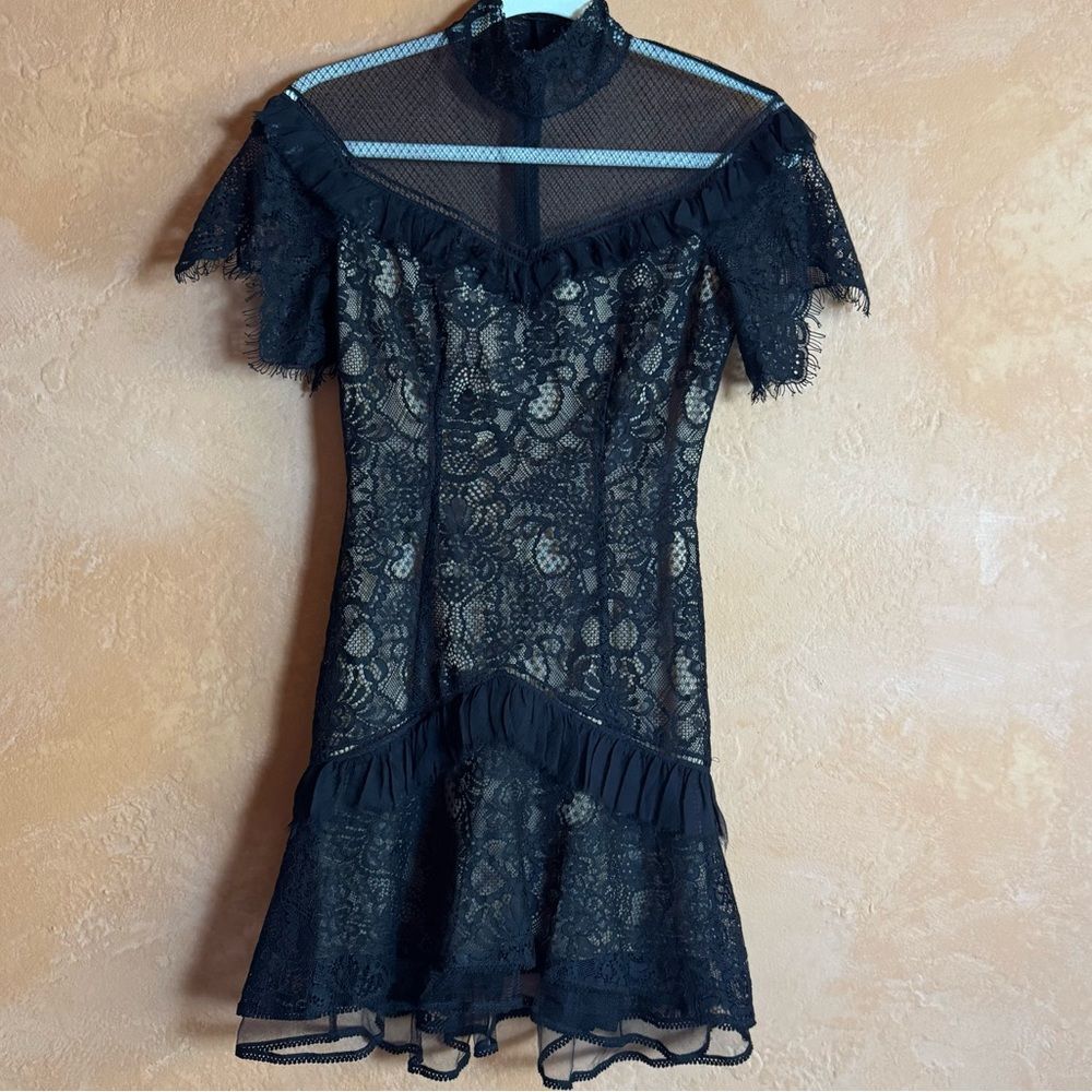 Jonathan Simkhai Black Lace Mock Neck Dress Size 0 NWT Ruffle Sheer Whimsigoth